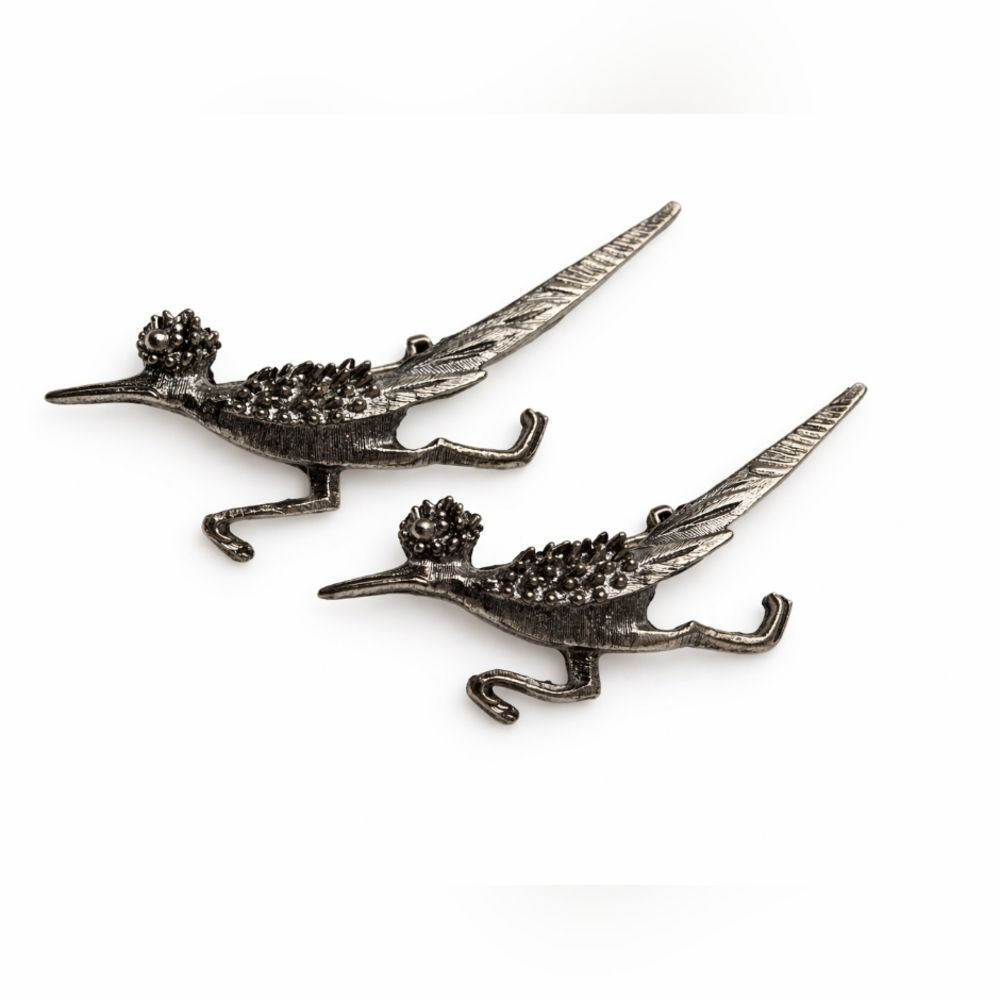 Vintage Roadrunner Bird Brooch Pair Silver Tone Mid Century Novelty Set